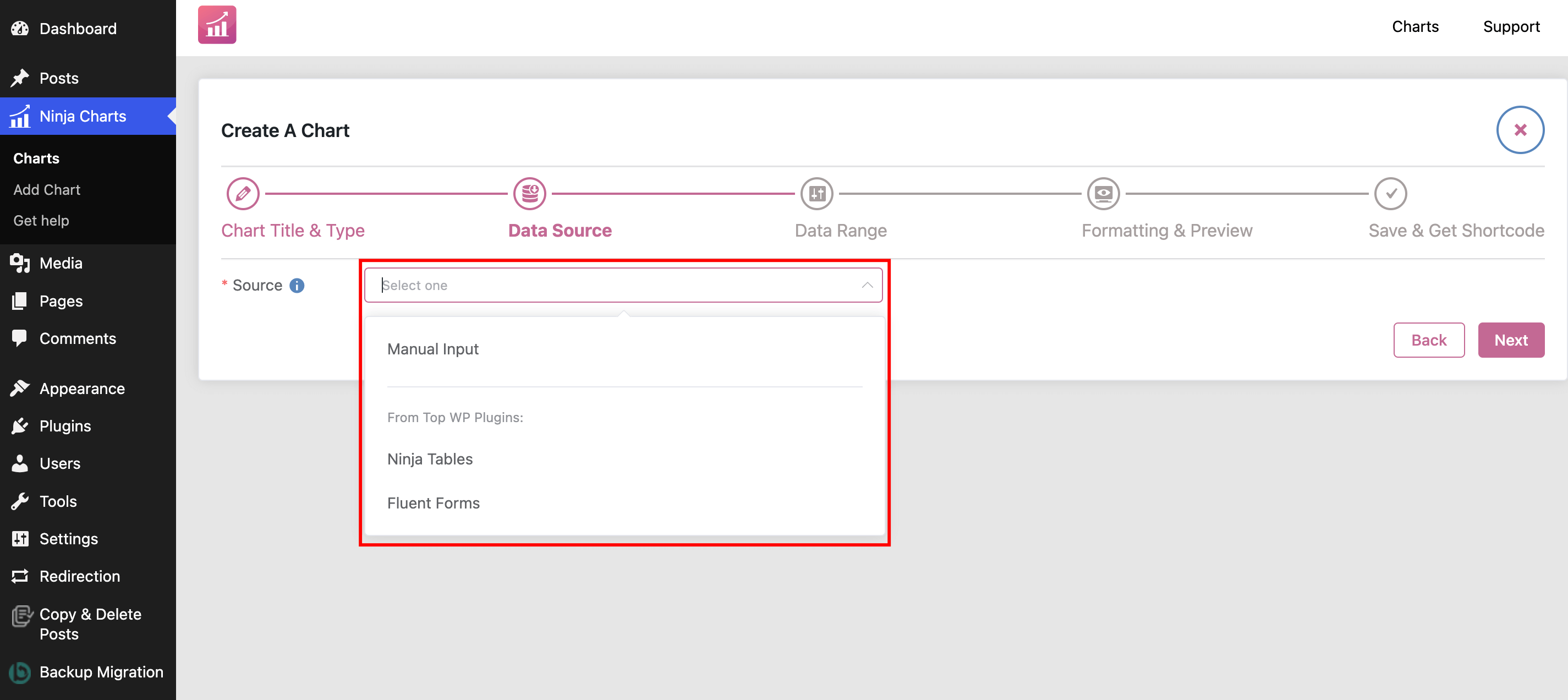 Ninja Charts support multiple data sources e.g. Ninja Tables, Fluent Forms