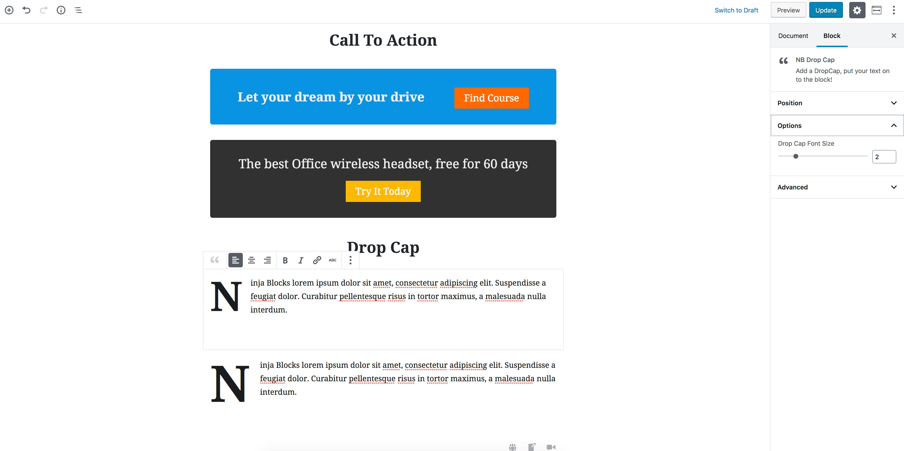 Call To Action and DropCap Block Example
