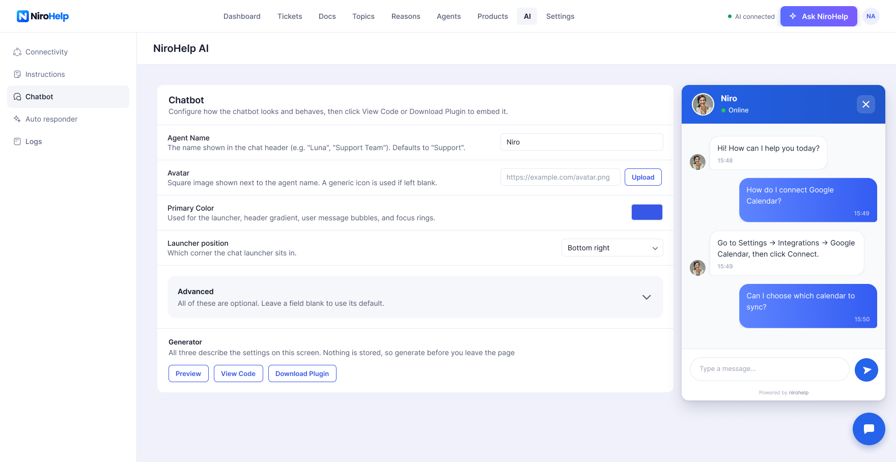 Ask NiroHelp answers plain-language questions about your help desk — why first reply time moved, who is at capacity, which docs are missing. It reads your help desk only and never messages a customer.