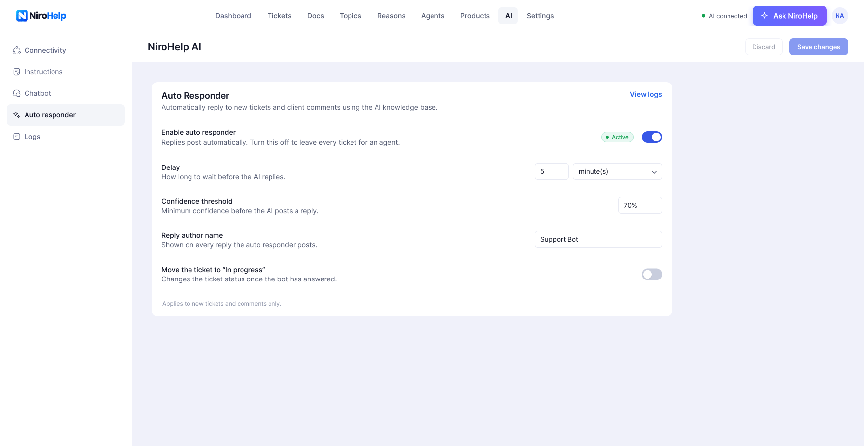 The agent queue, with status tabs, search, and filters by agent, product, reason, urgency and date. "Support Bot" on a last reply marks a ticket the AI answered.