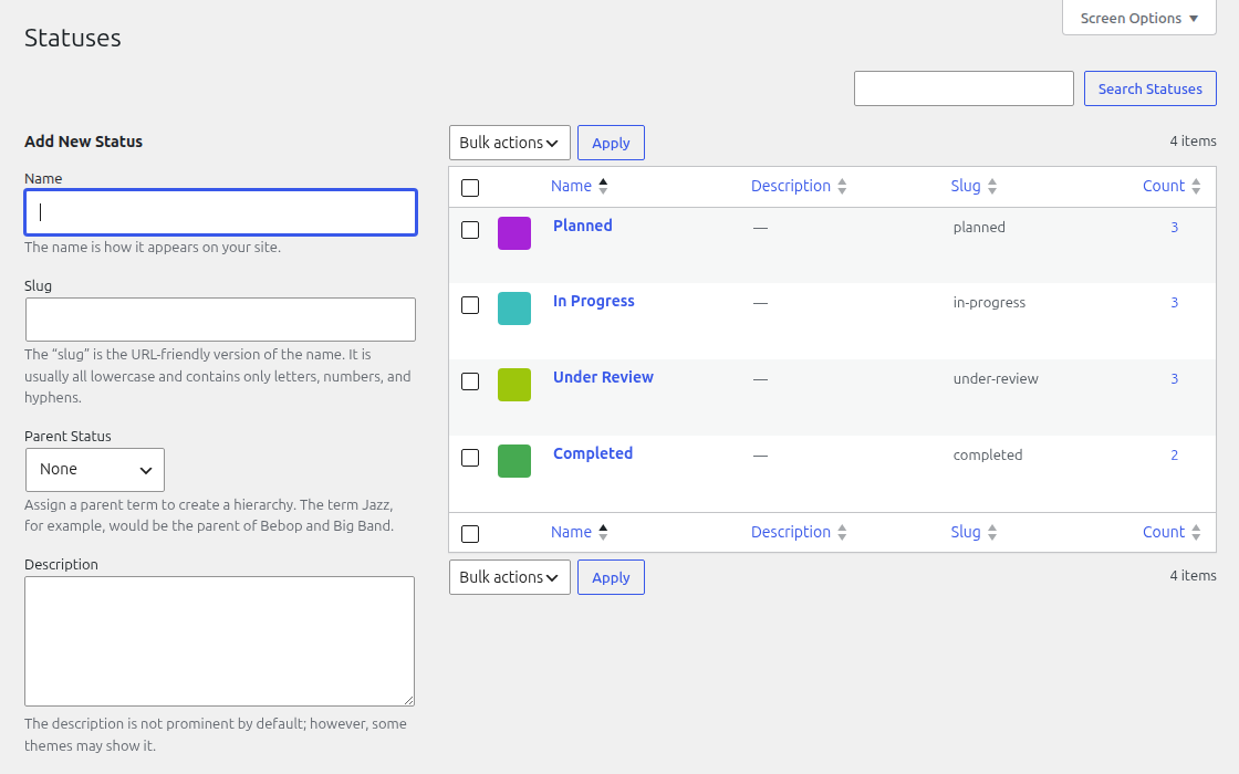 The list view: a compact table of ideas with status, tags, comments, votes and target. Click a heading to sort.