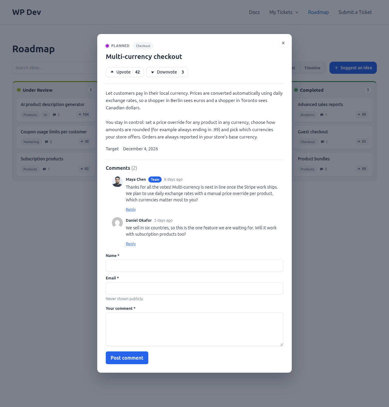 Comments in the item popup, with a Team badge on staff comments, and the comment form.