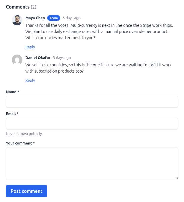 The "Suggest an idea" form. Similar existing items are listed while the visitor types a title, to catch duplicates.