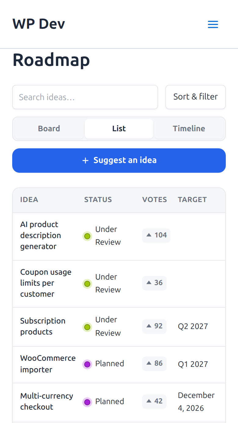 Managing statuses. Drag the rows to reorder the columns and pick a color for each.