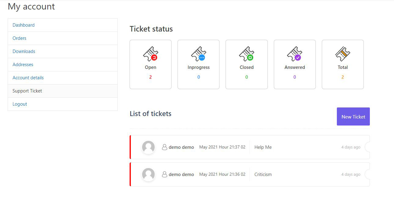 Ticket list for the user