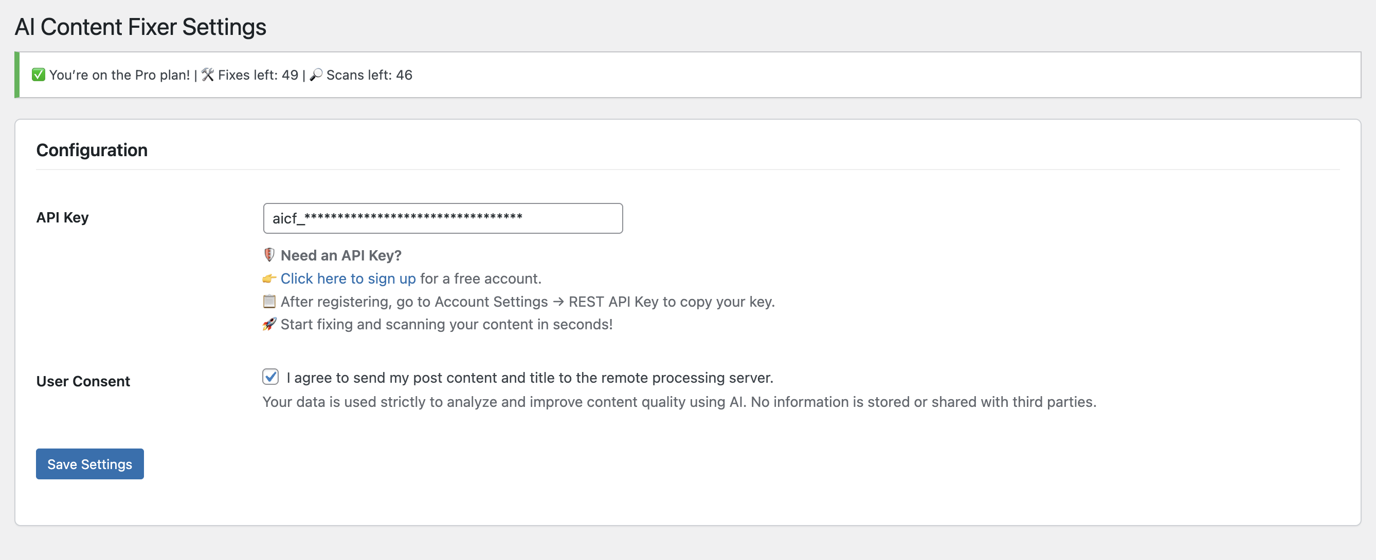 ⚙️ Settings page to enter API key and enable AI integration