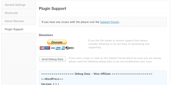 Screenshot of the plugin support settings panel.