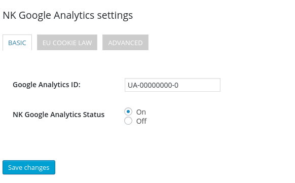 Modified settings panel with NK Google Analytics.