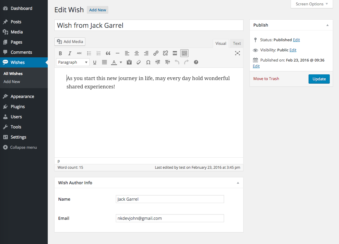 Change wish in admin area