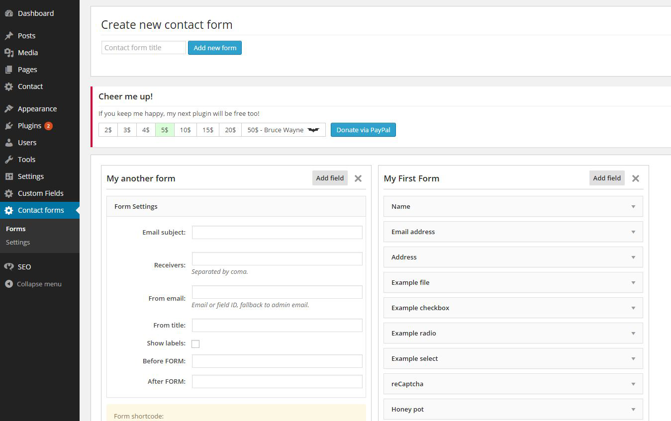 NM Contact forms plugin admin interface