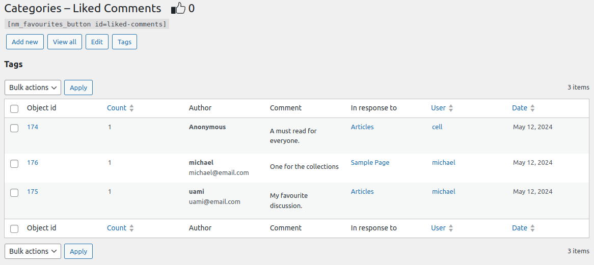Settings for creating a favourite category.