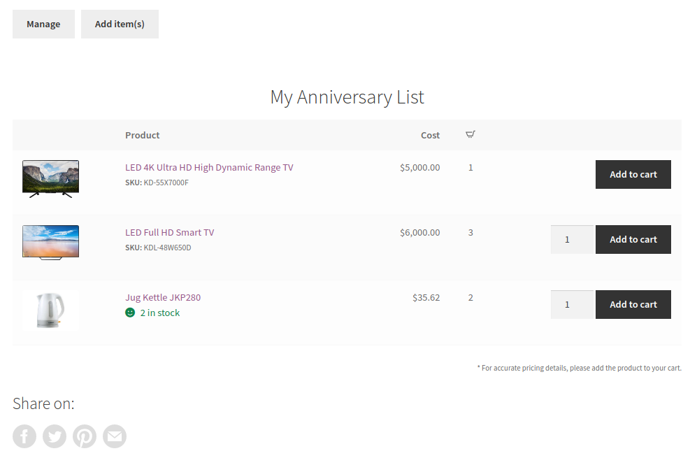 Wishlist page appearance.