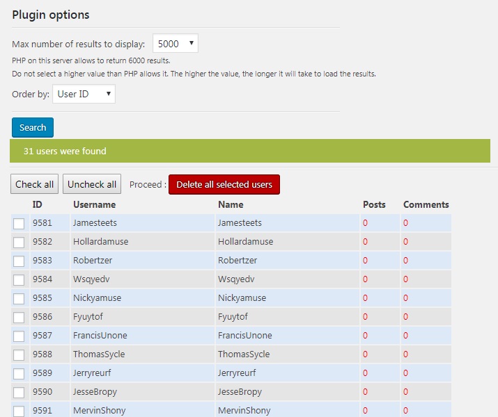 screenshot-2.jpg is the 'No Posts User Delete' Search results page.