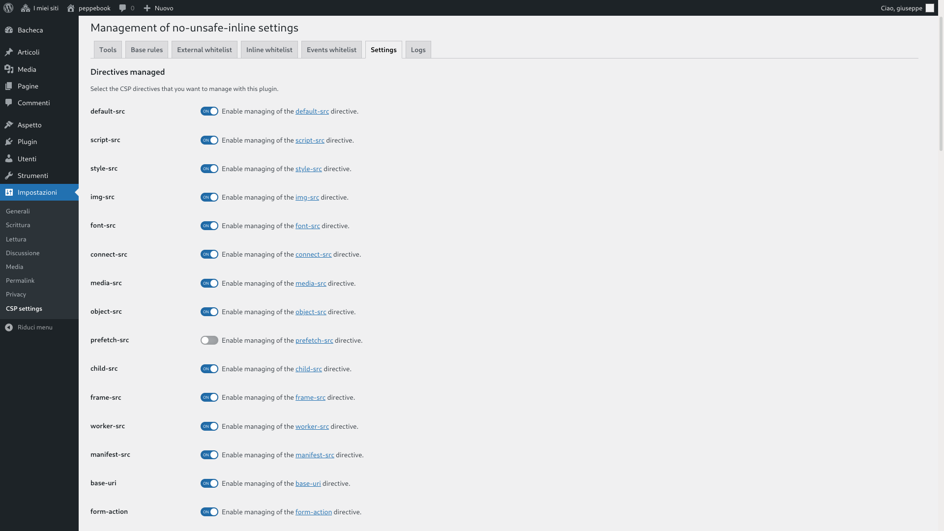 List of CSP directives managed in Settings tab.