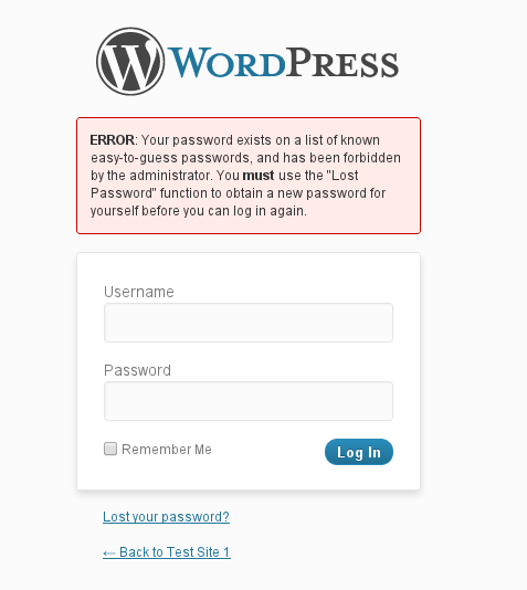 The error message when a user with an existing easy password tries to log in