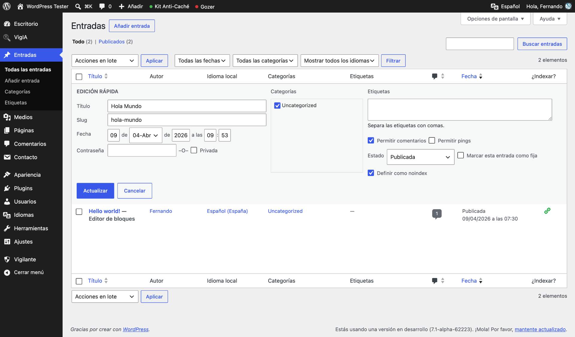 Block editor sidebar panel with noindex toggle.