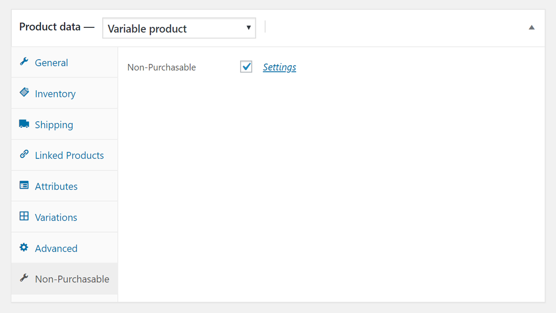 Set a product to "Non-Purchasable" in the *Product Data* box.