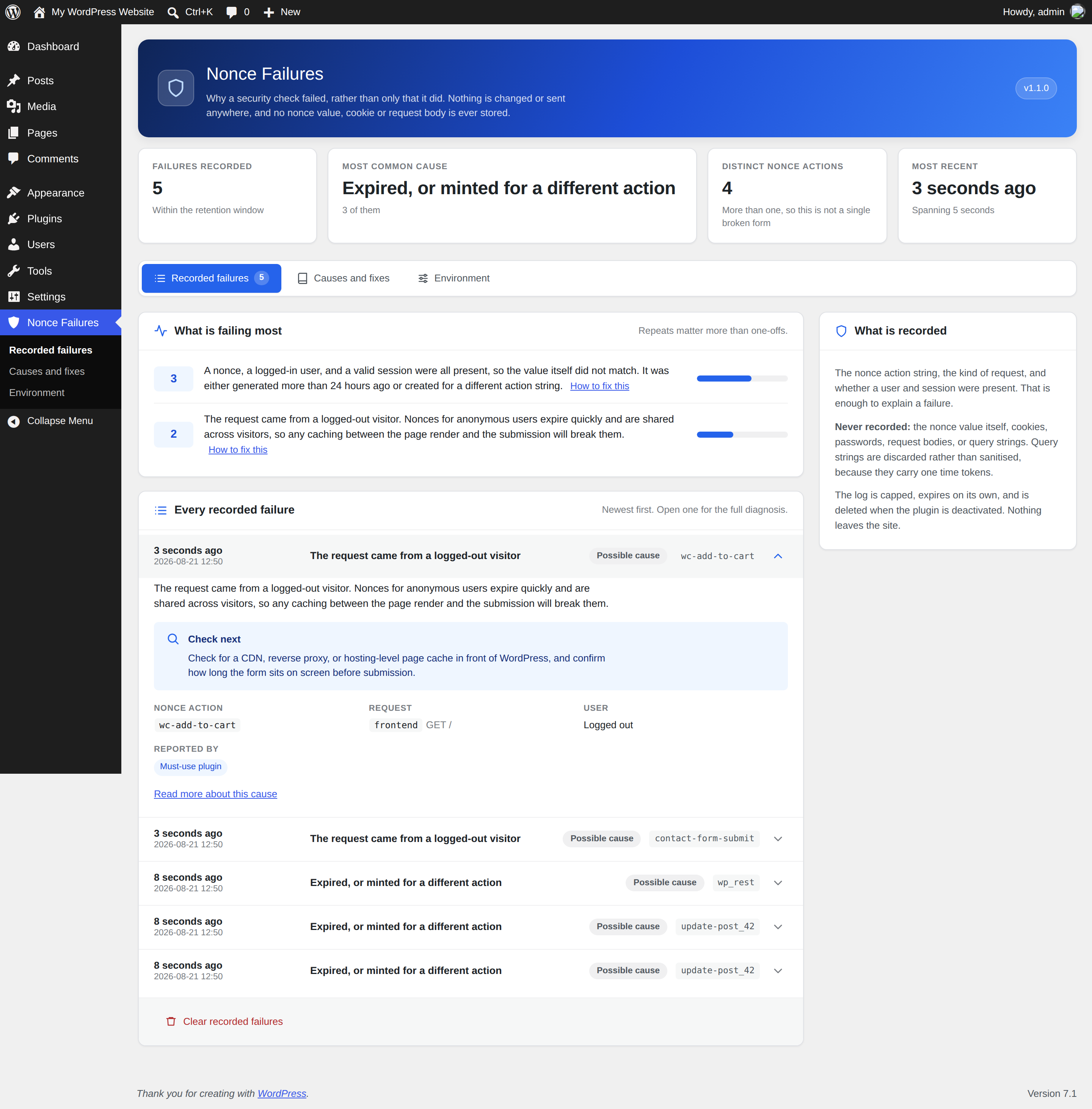 One failure opened: the diagnosis, the specific thing to check next, and the request it came from.