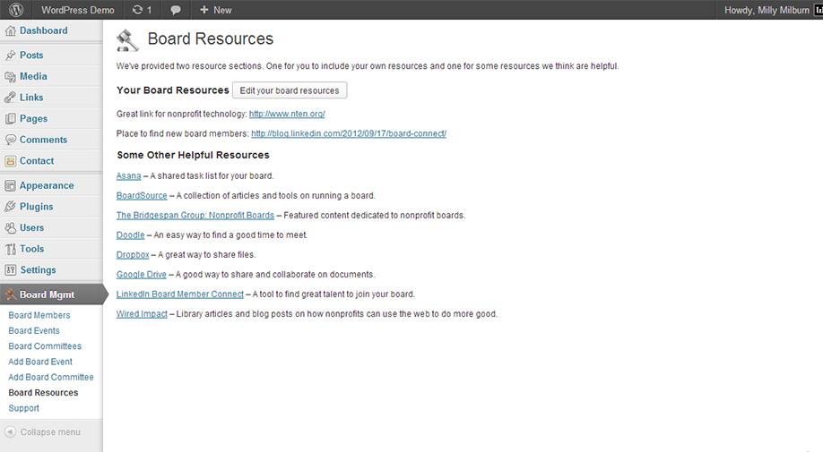 Editable board resources to provide content and links for board members