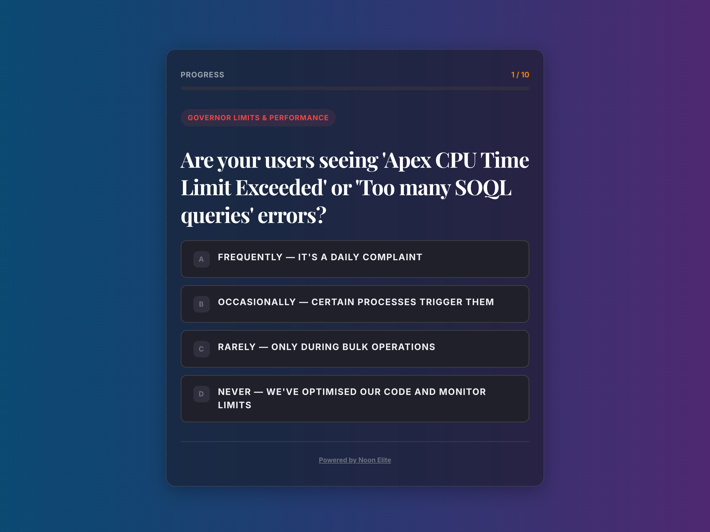 A multi-step question view focused on Salesforce health assessment.