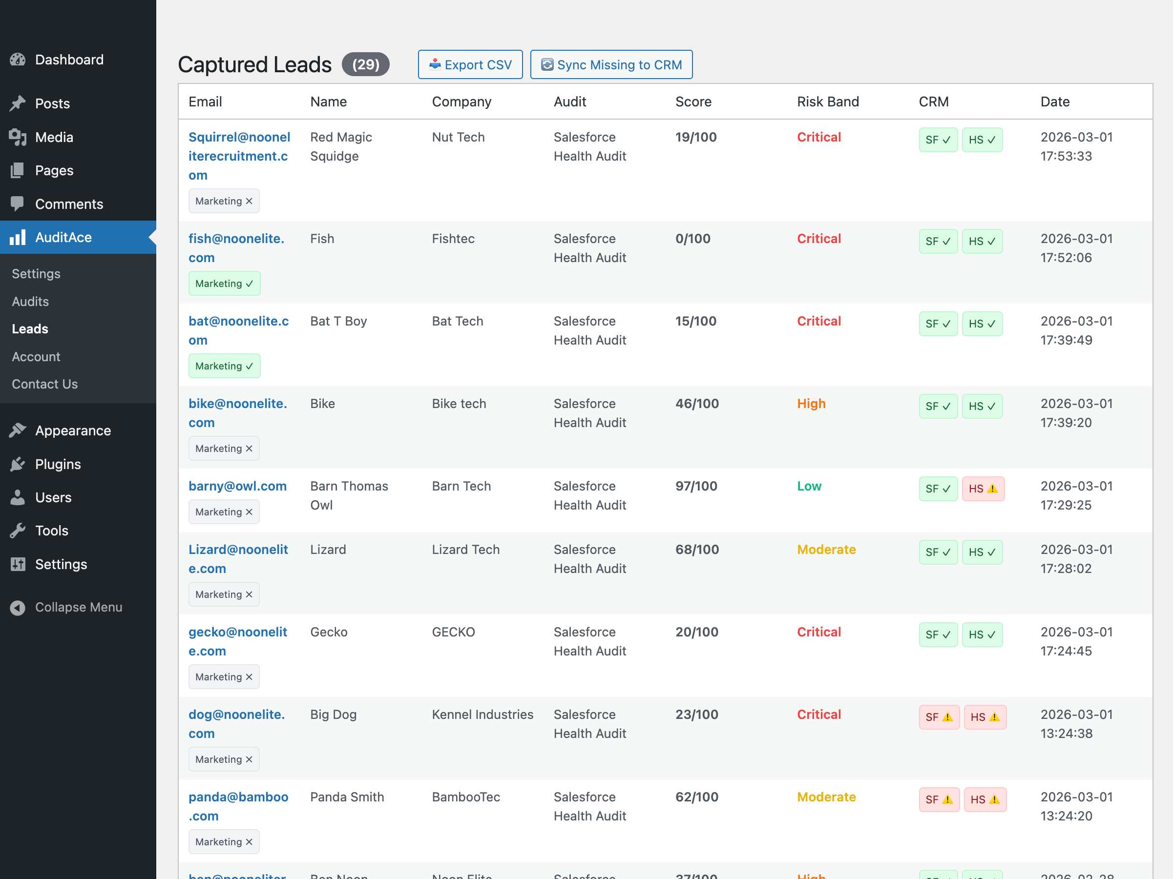 The lead management dashboard showing captured data and CRM sync status.