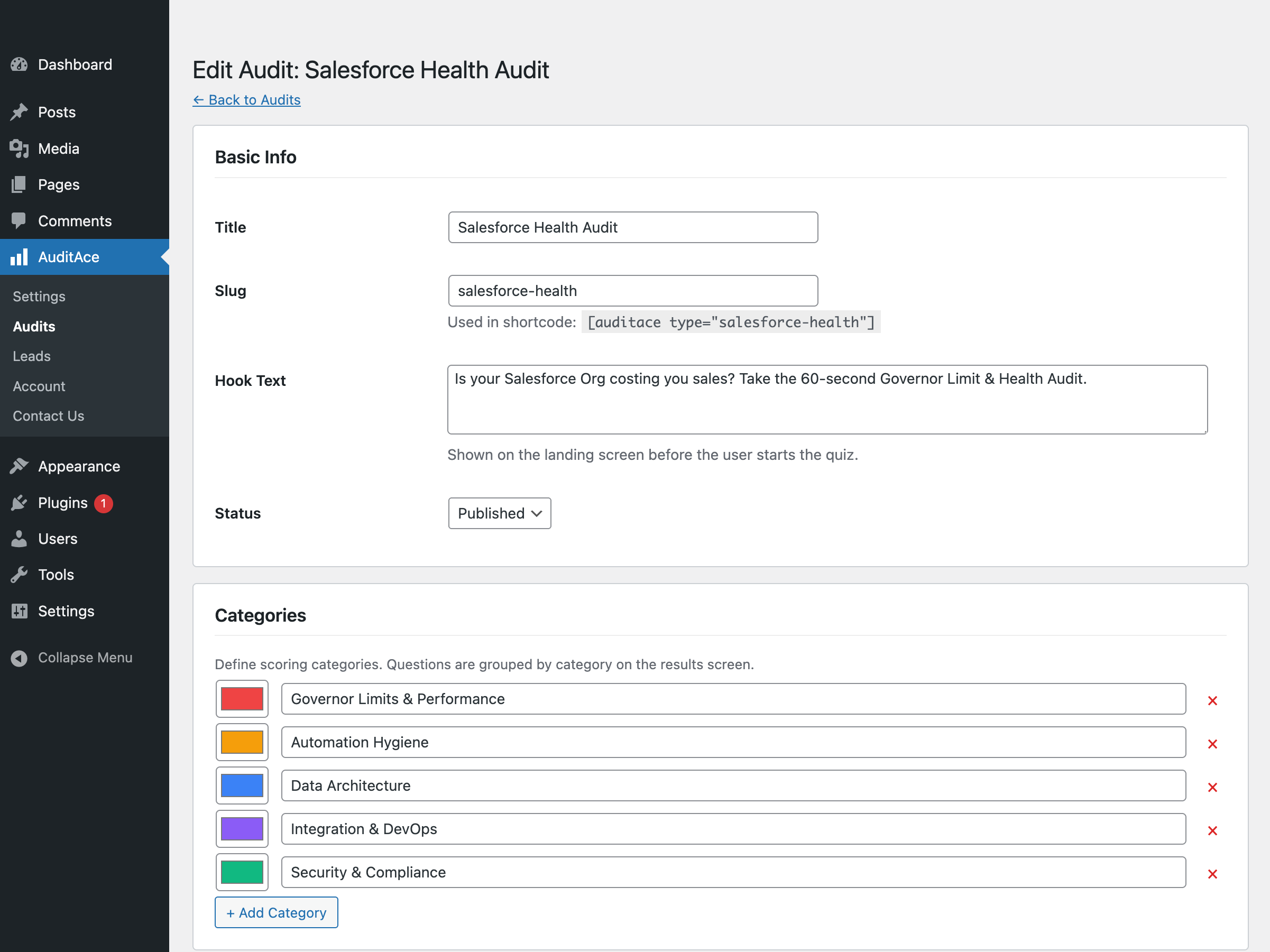 The audit builder interface for creating and weighting custom quizzes.