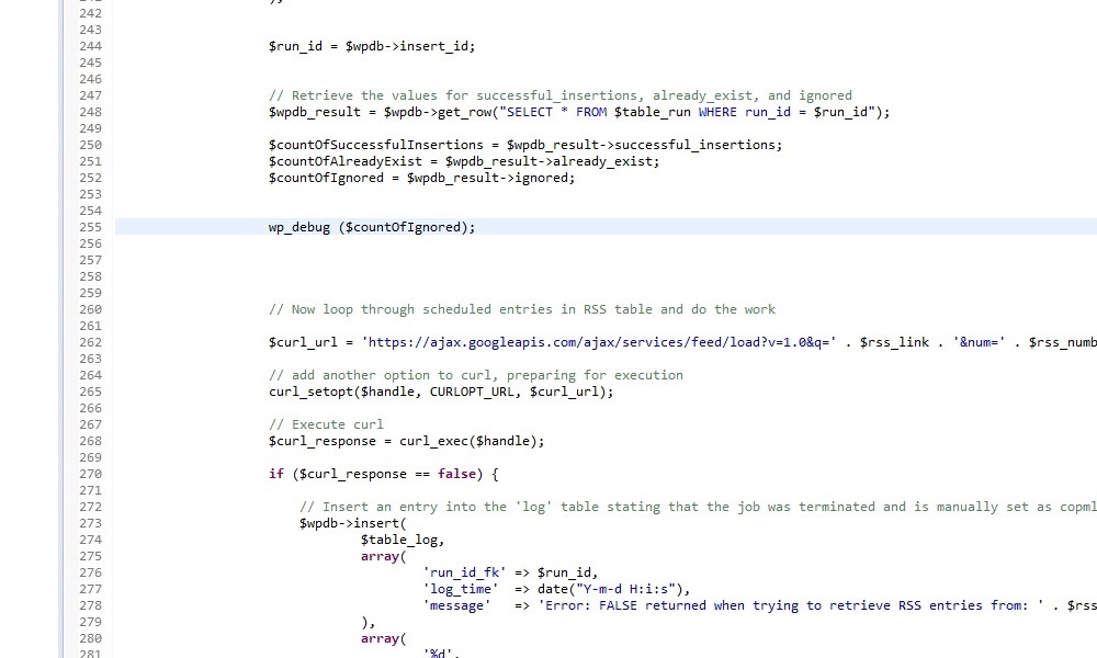 An example of using the wp_debug() function