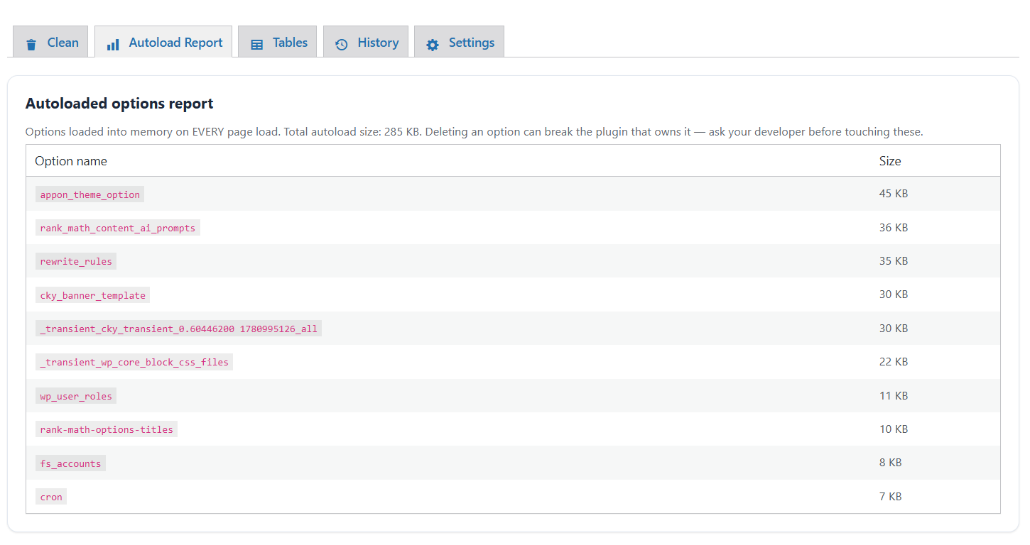 The autoload options report: the largest options loaded into memory on