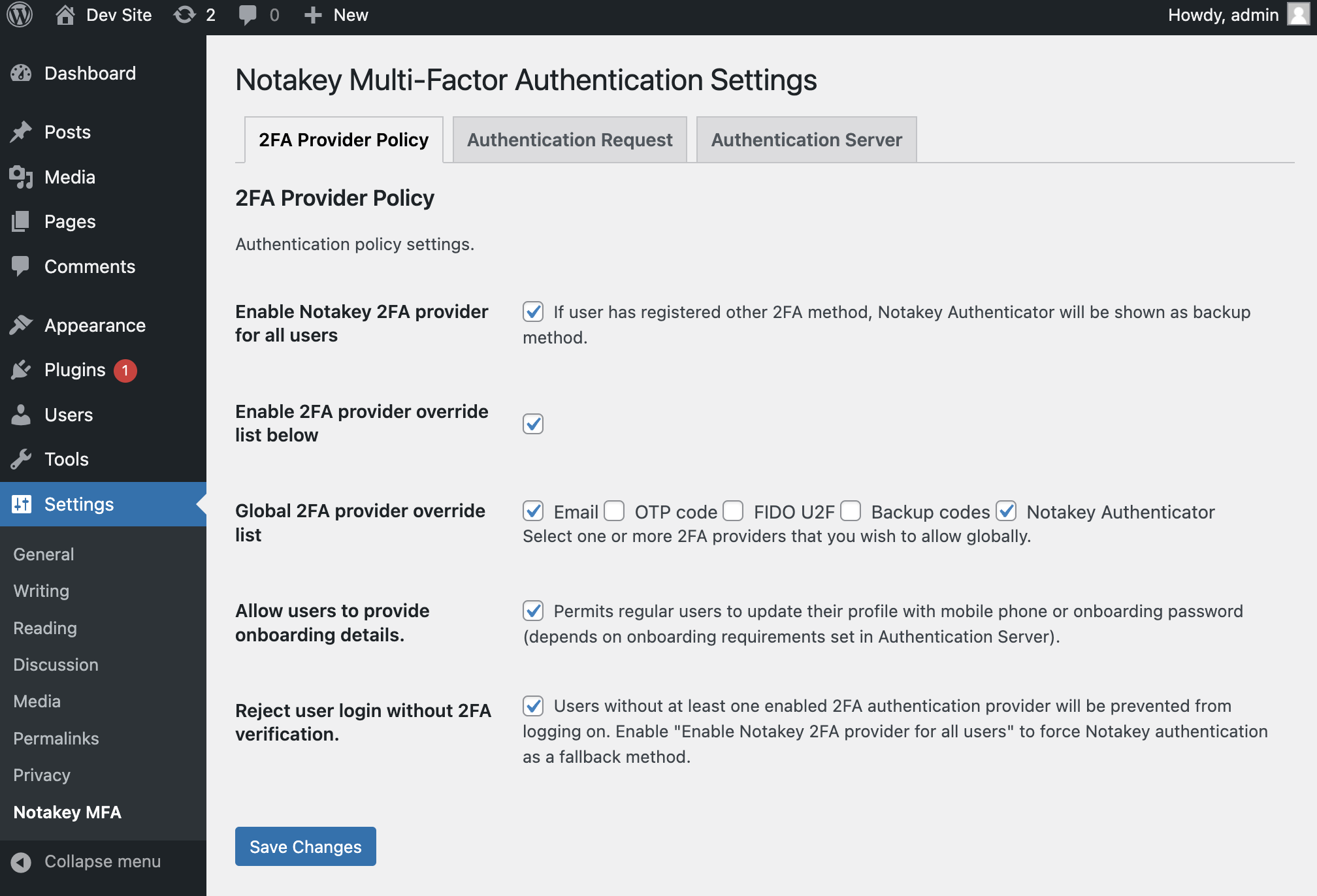 Two-factor authentication security policy settings.