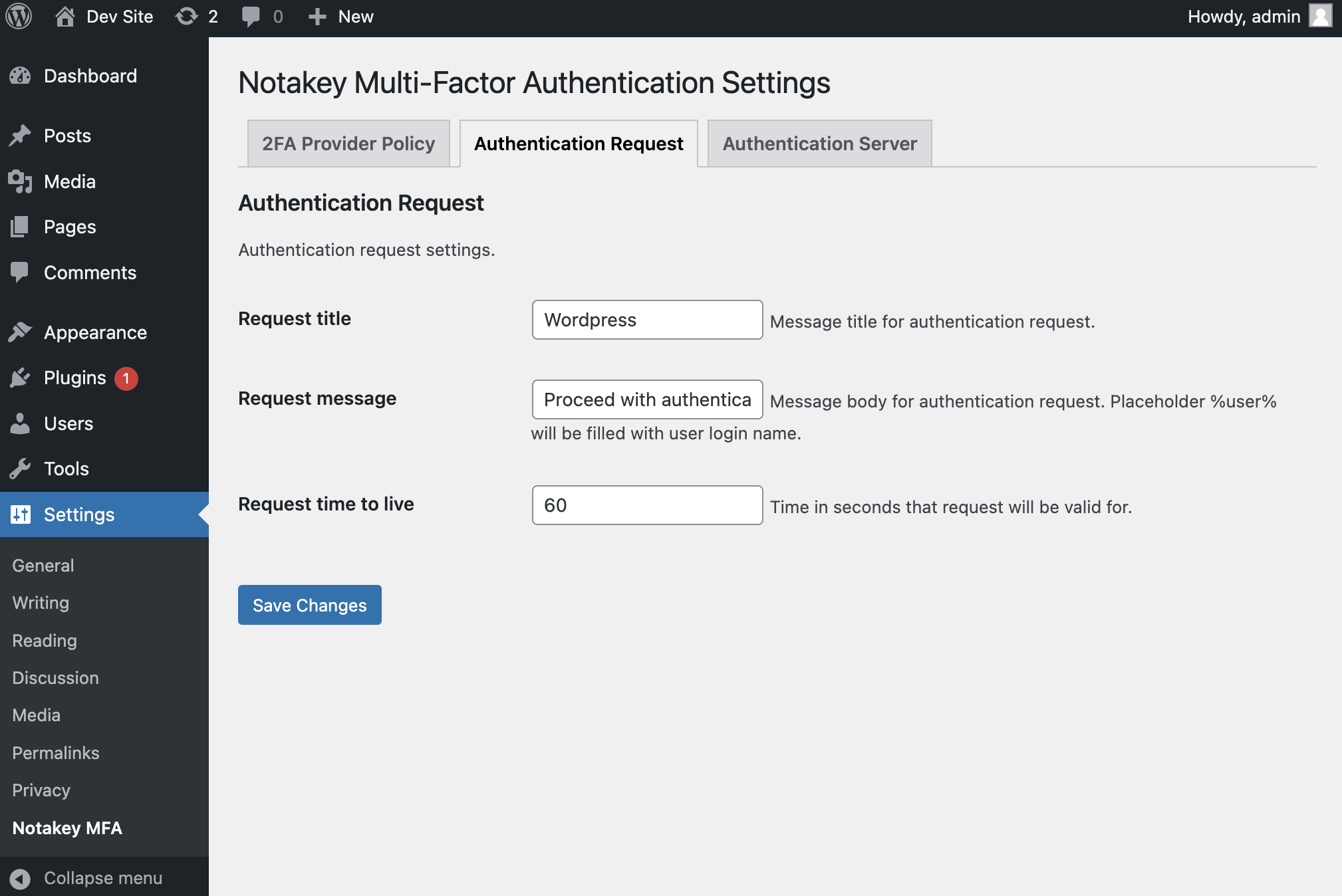 Notakey authentication request options.