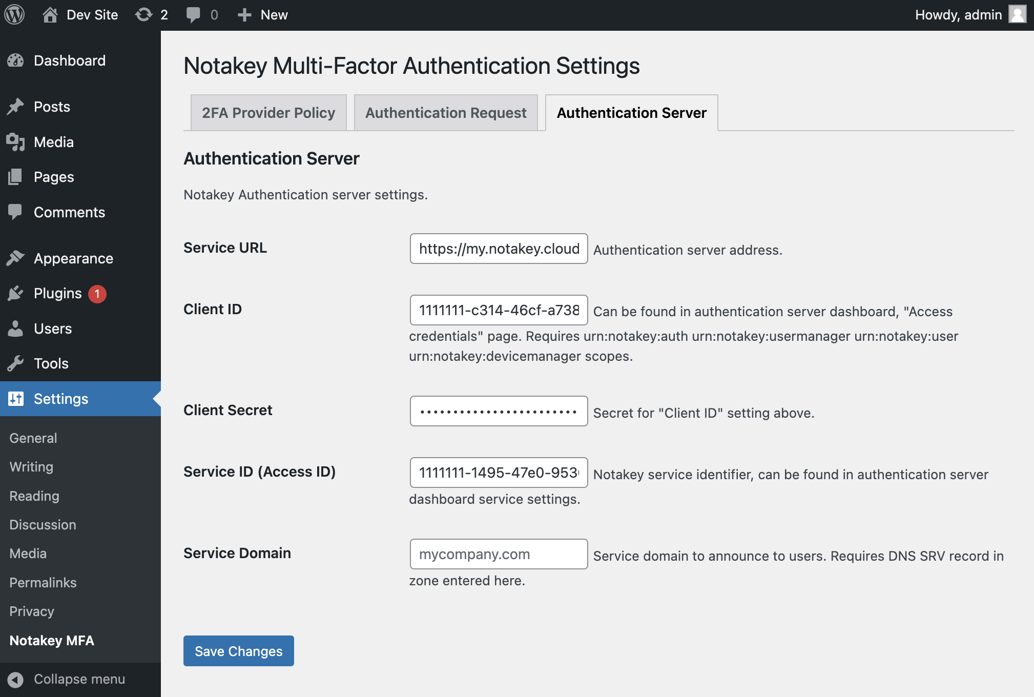 Notakey Authentication Server settings.