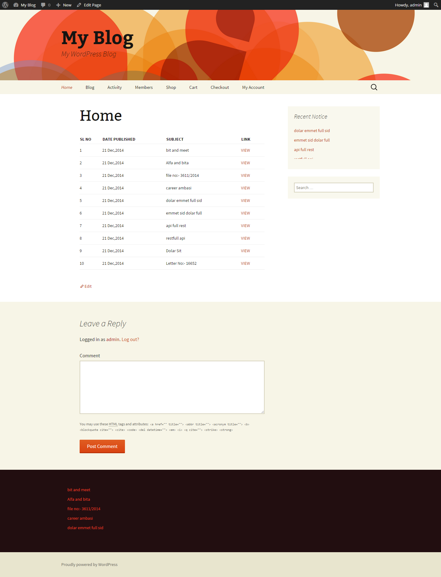 A preview of the notices displaying frontend sidebar & pages within table using widget & shortcode respectively.