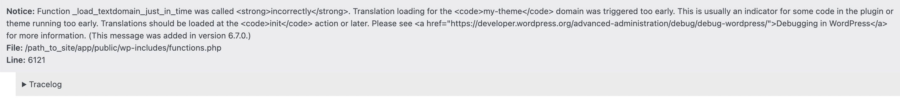 Error displayed by the Notice TraceLog plugin (compact mode).