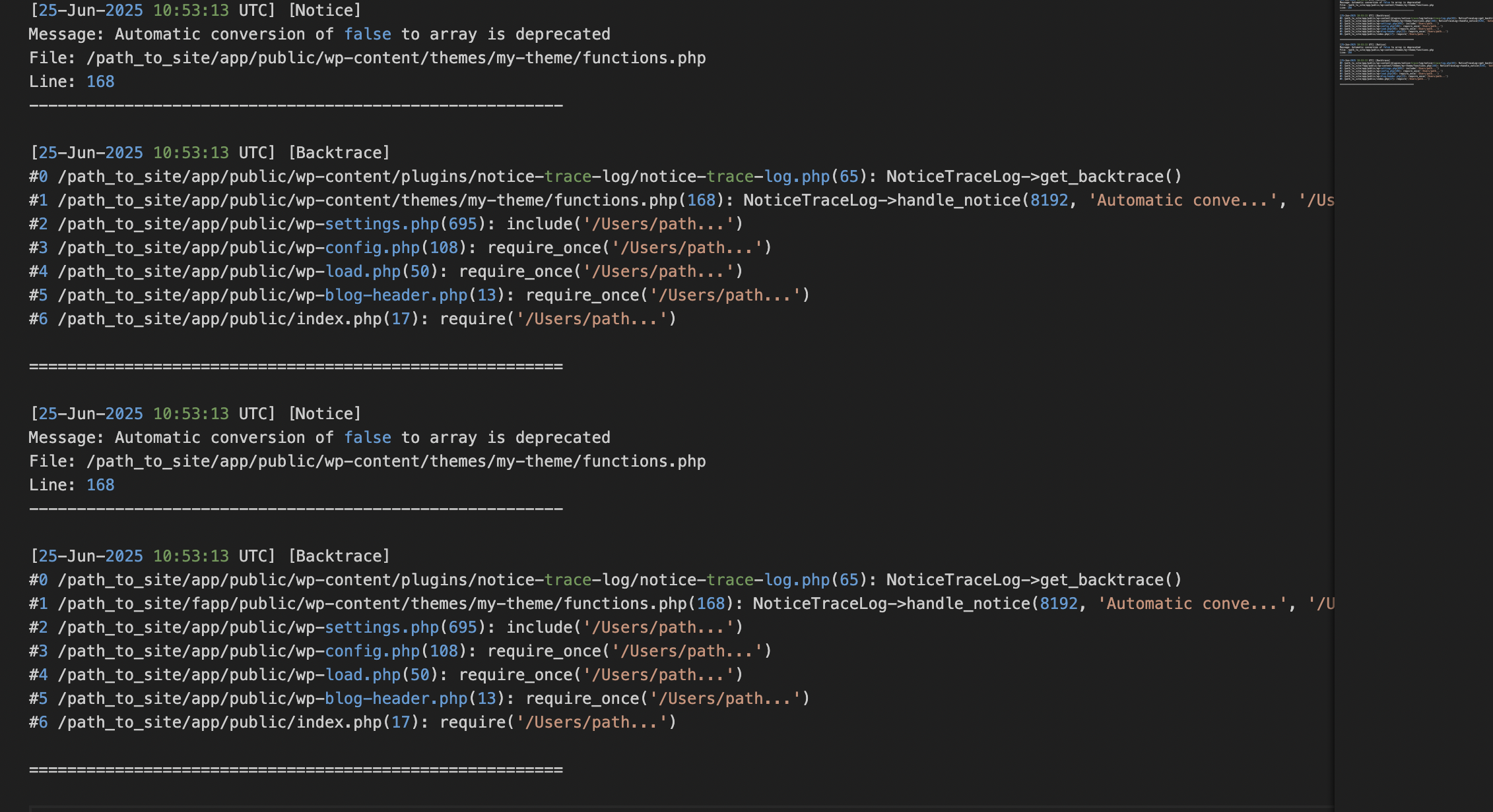 Example of a detailed notice with backtrace written to the debug log.