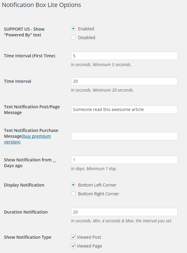 Notification Box Lite settings