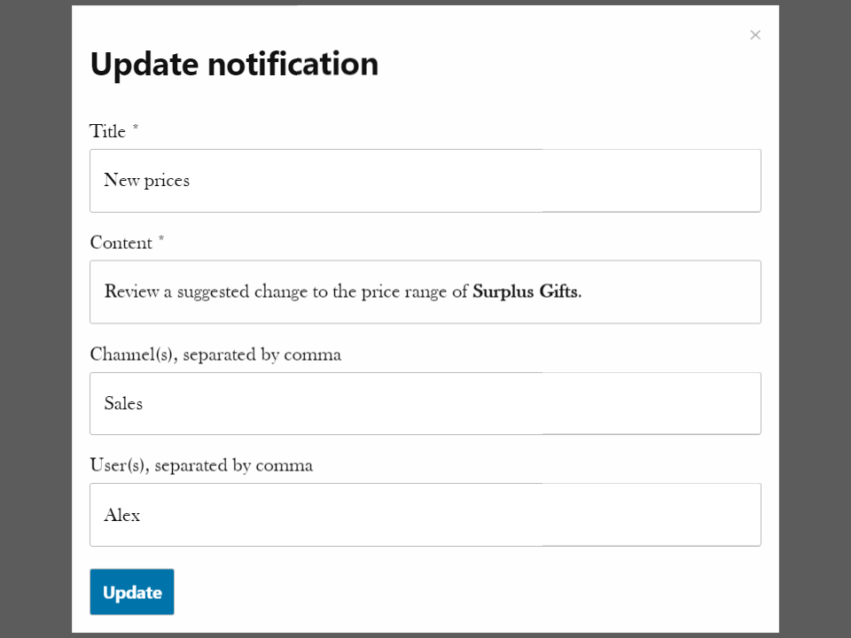 The Notification System Update Notification popup.