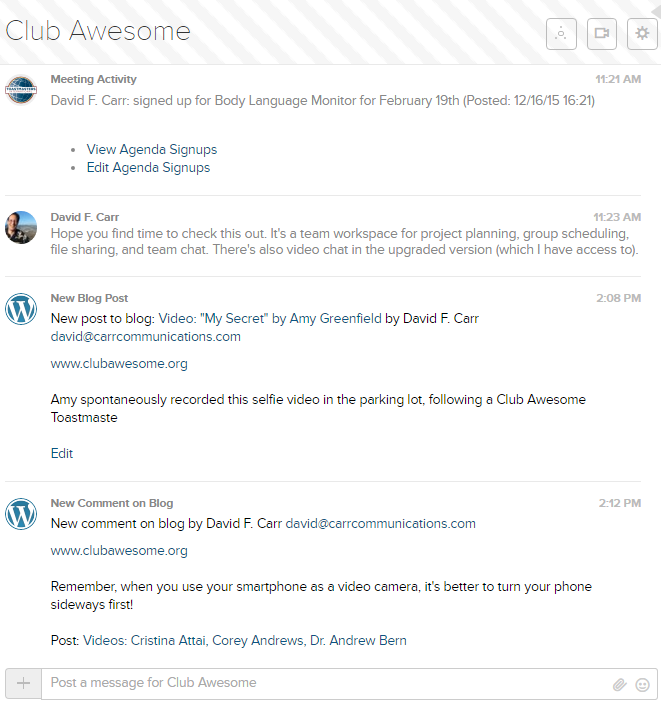 Notifications of new blog posts or comments on blog posts appear in the Glip team conversation you specify.