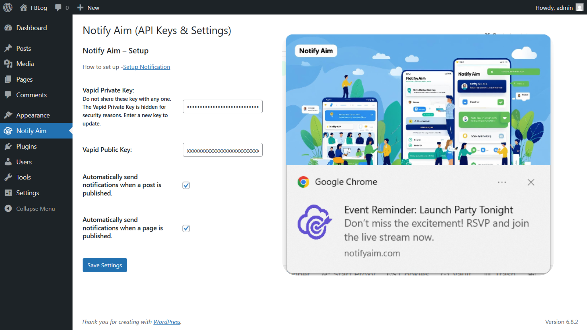 Settings screen where you enter your keys with one notification.