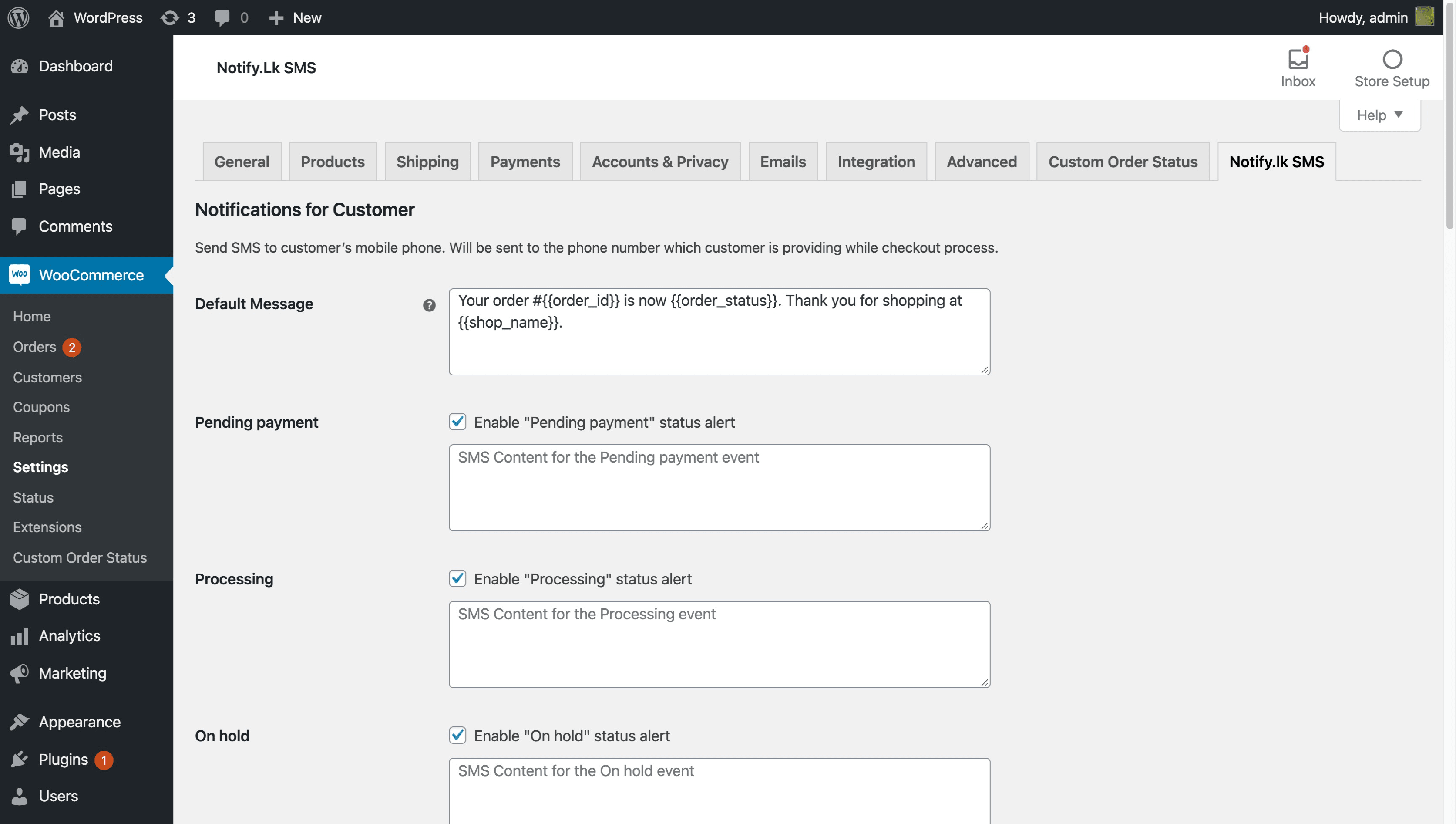 Admin settings page