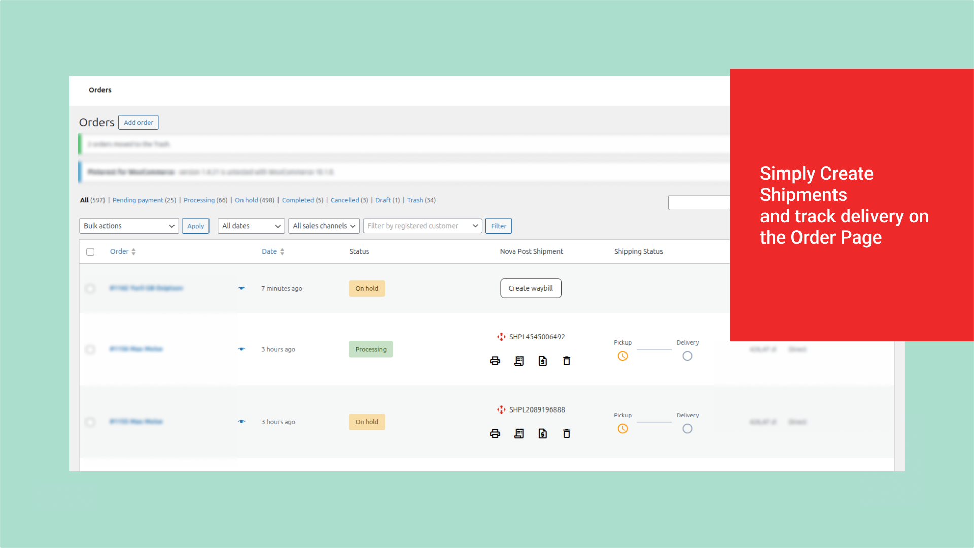 Simply Create Shipments and track delivery on the Order Page