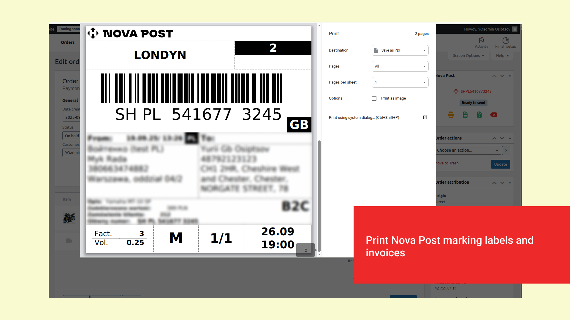 Print Nova Post marking labels and invoices