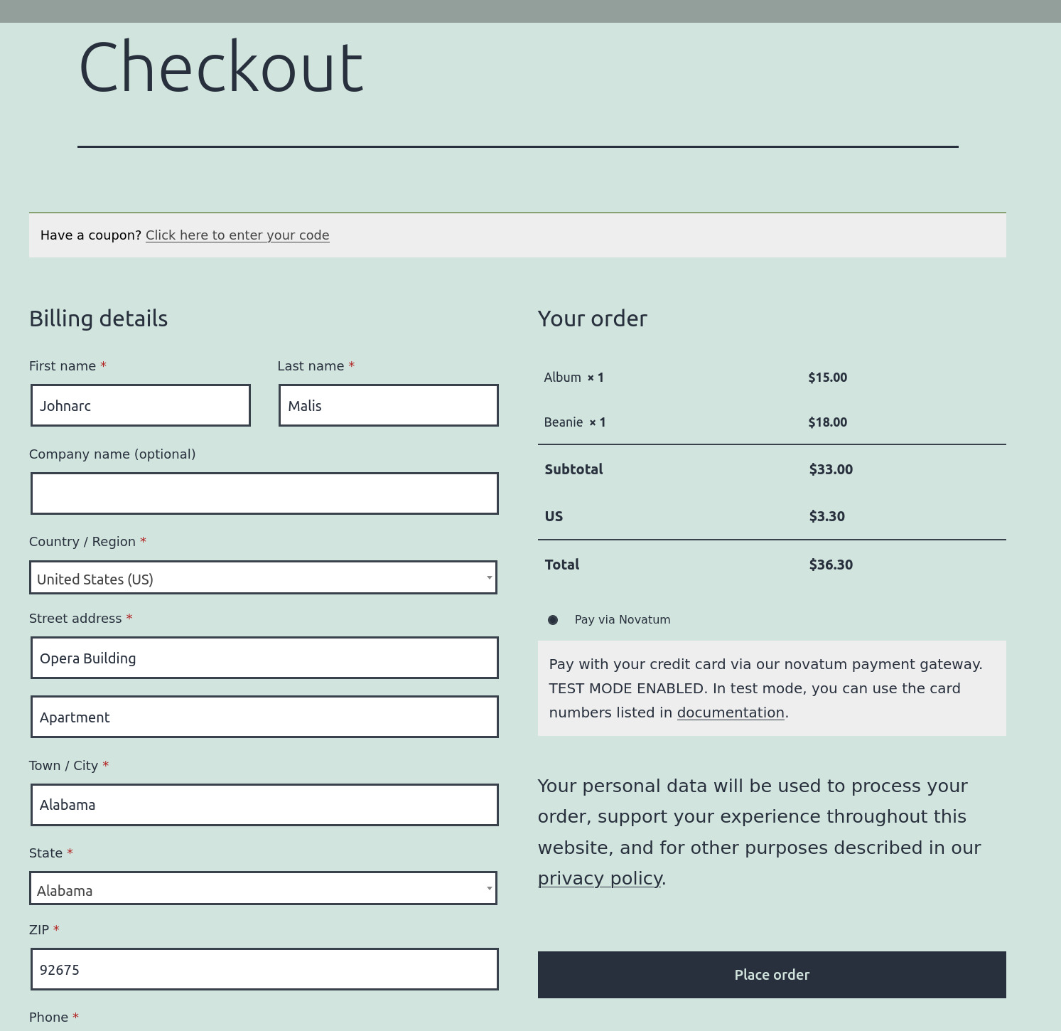 Normal checkout with Novatum.