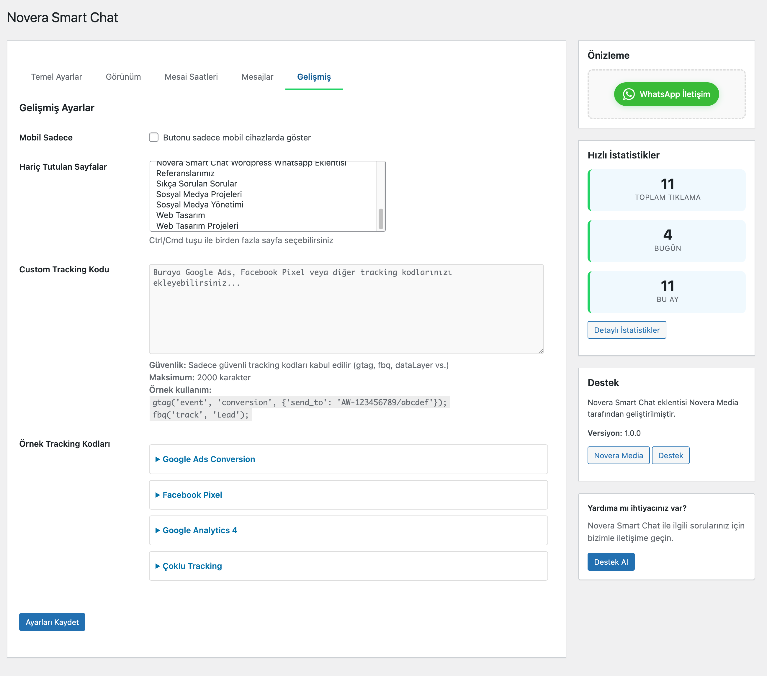 Advanced Settings – Exclude specific pages, add custom tracking codes (Google Ads, Facebook Pixel, Google Analytics, etc.).