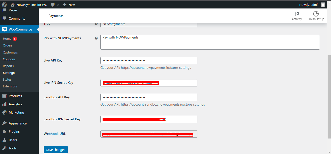 Admin settings view.