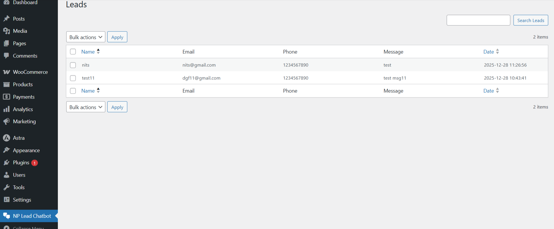 Admin Lead listing with bulk actions, search, and sorting.
