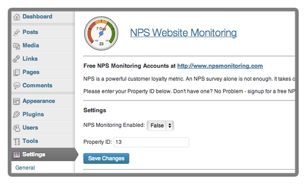 This is an example of the settings page to integrate your NPS Monitoring account into your Wordpress Theme.