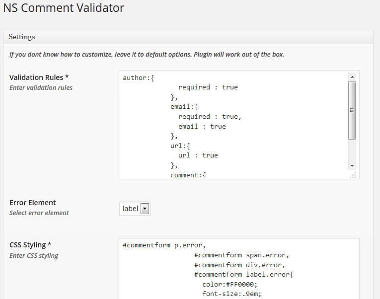 NS Comment Validator Settings