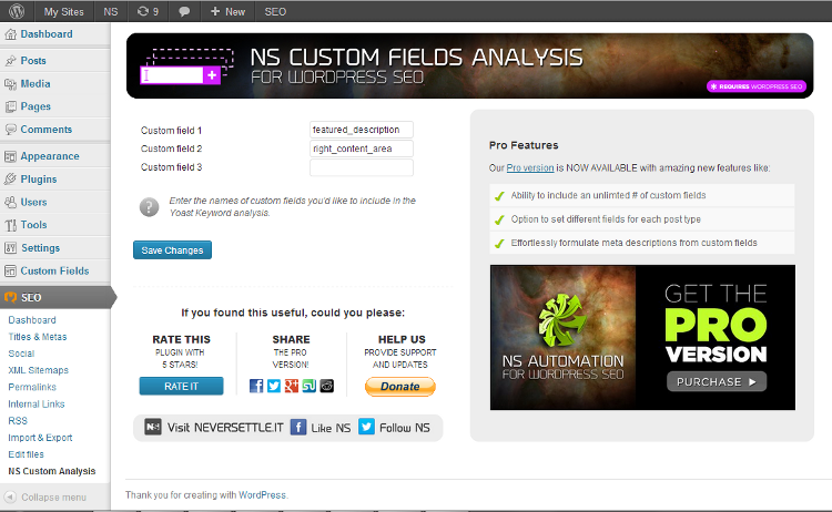 Plugin settings page - easily control which custom fields you'd like to be included in the Yoast keyword analysis.