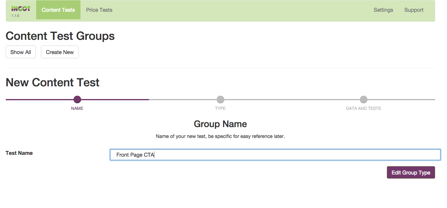 Creating a new A/B test group: choose a name