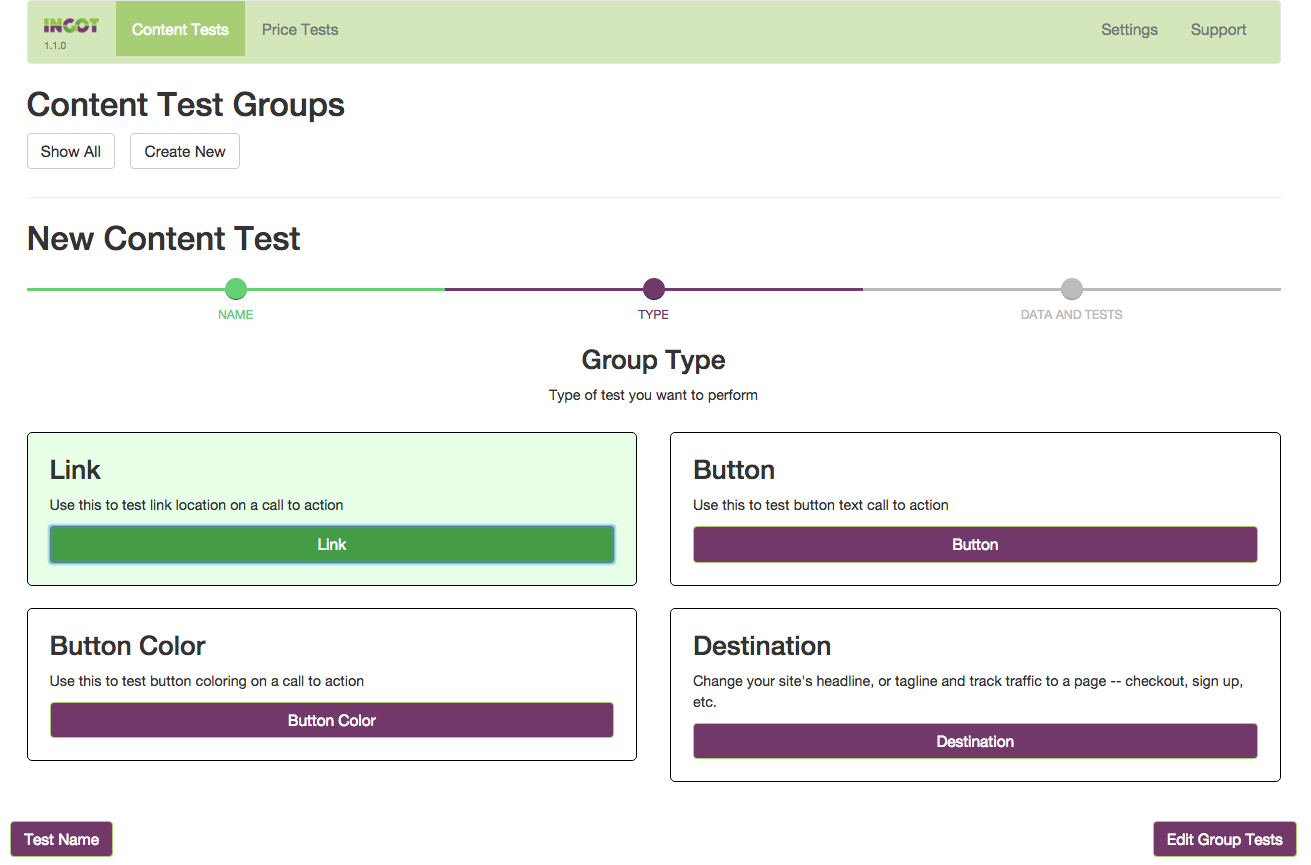 Creating a new A/B test group: choose a type